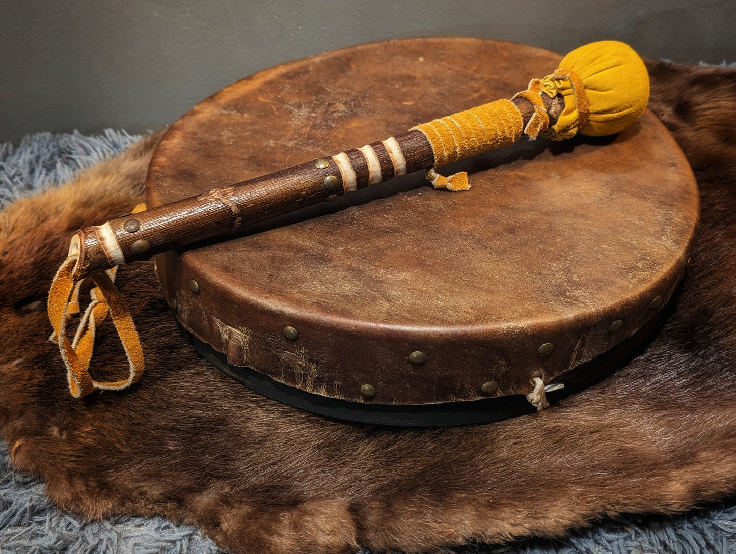 Thick Bison Hide 14" Shaman Drum | Deer Bone Grip | Brass And Carved Beater