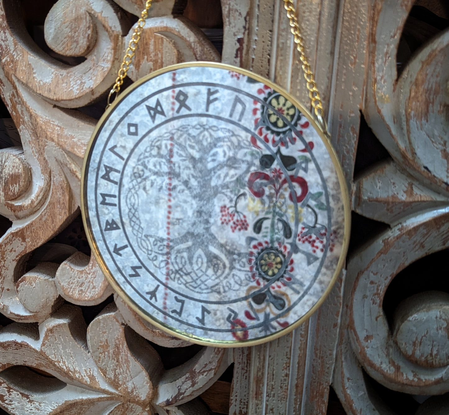 Rune and Yggdrasil Engraved Mirror on Gold Chain