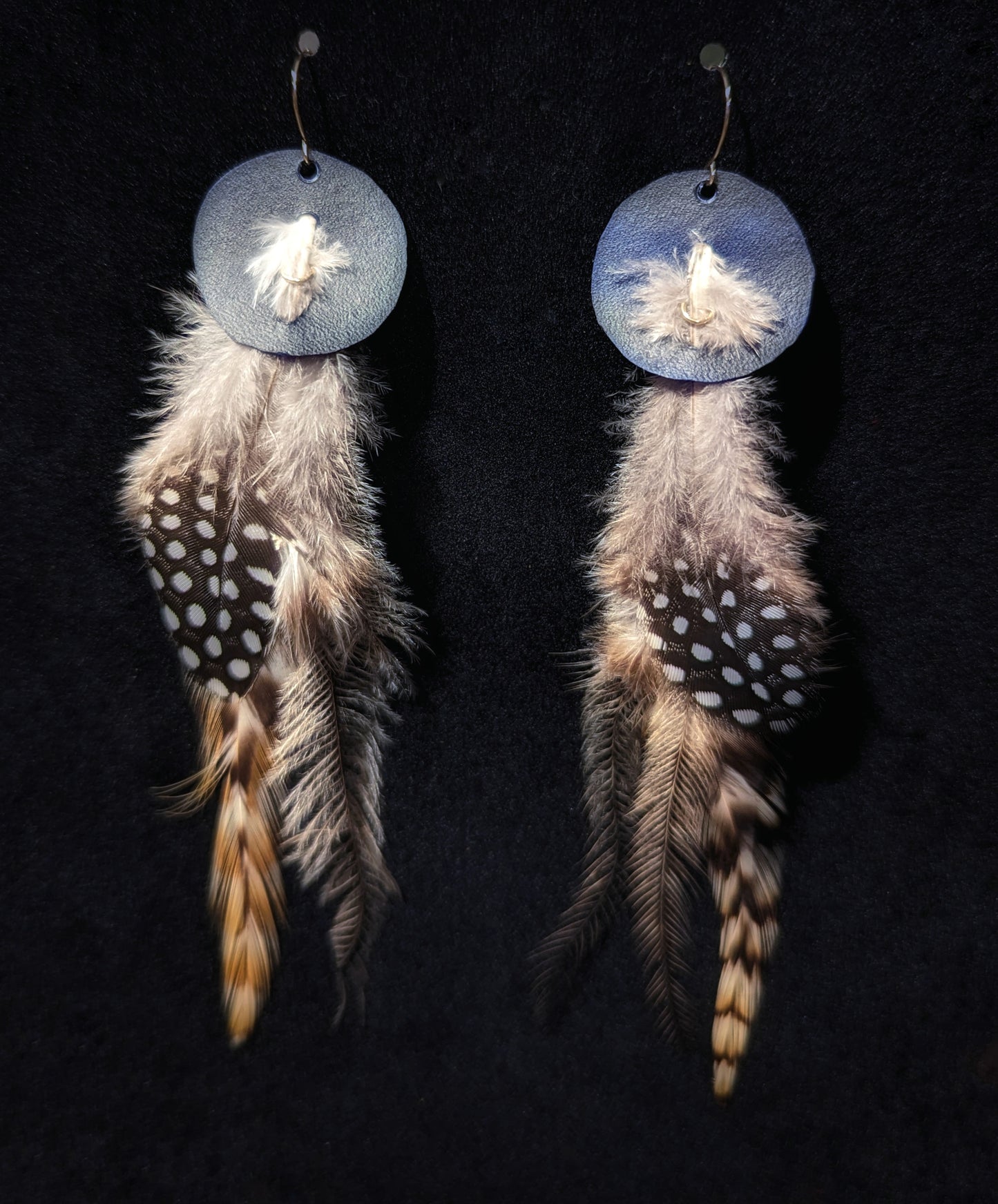 14k Gold, Blue Reindeer Hide, Owl, Guinea, and Ostrich Feather Earrings