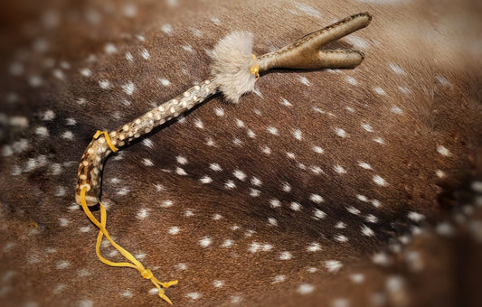 Elk Hide Coyote Fur Black Locust and Buckskin Y Shaped Meditation Rattle