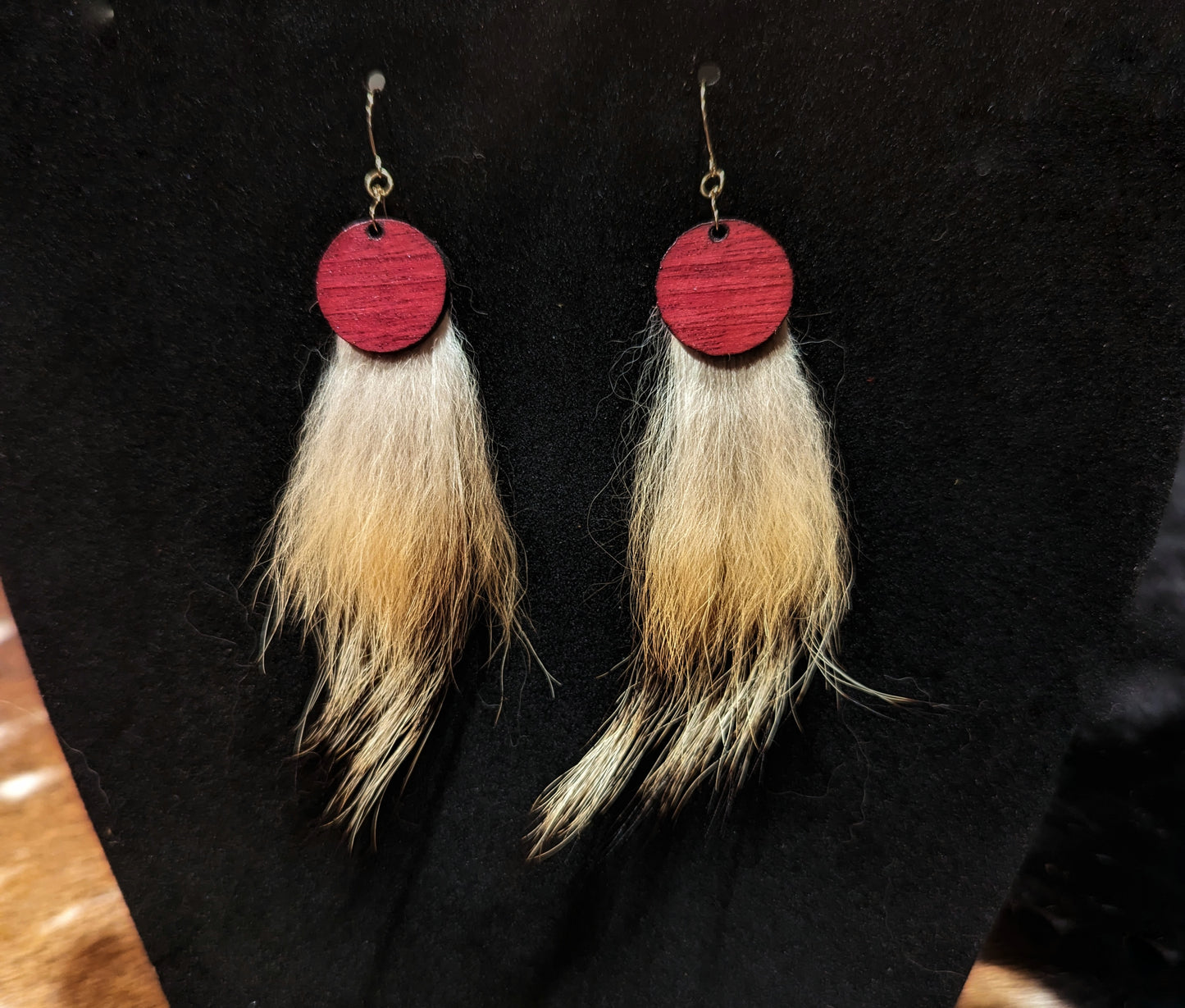 Solid 14k Gold Purpleheart Wood and Coyote Fur Earrings