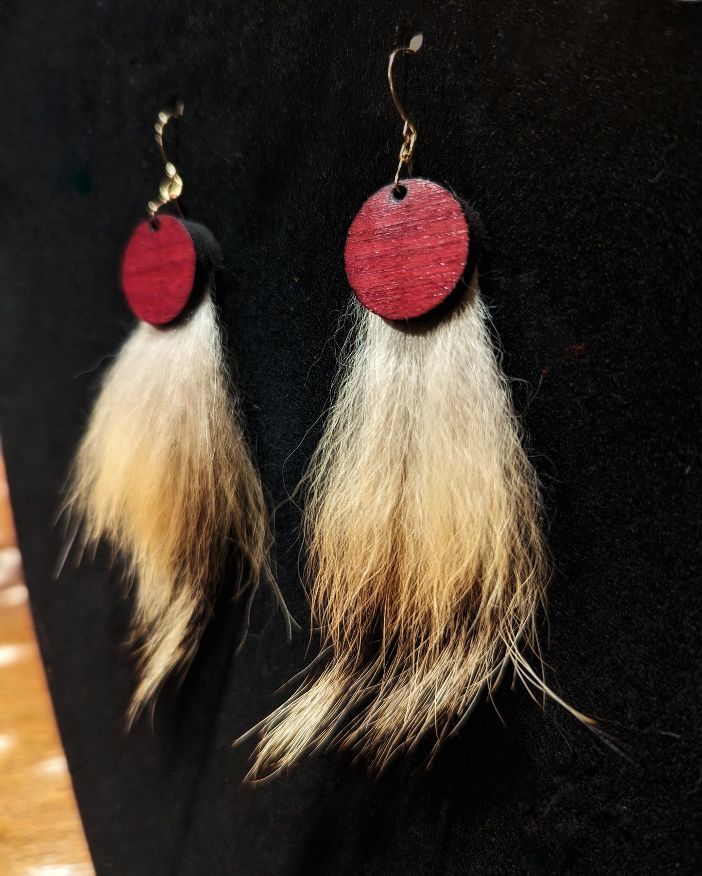 Solid 14k Gold Purpleheart Wood and Coyote Fur Earrings