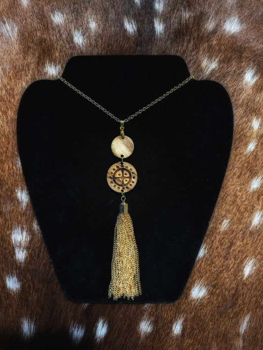 Ash Wood Sunwheel Gold Chain Tassel Pendant Necklace