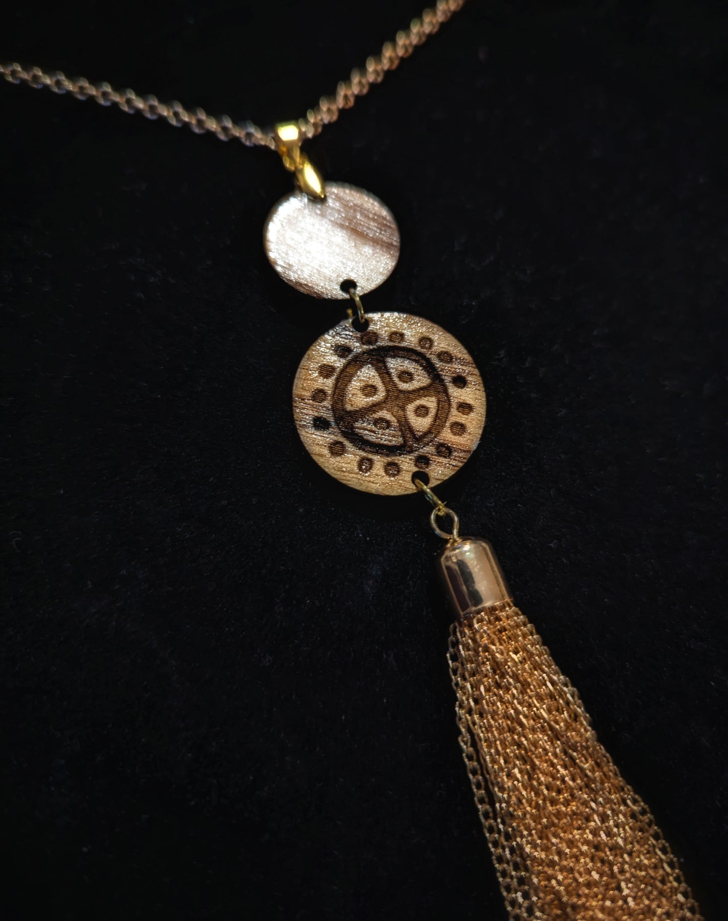 Ash Wood Sunwheel Gold Chain Tassel Pendant Necklace