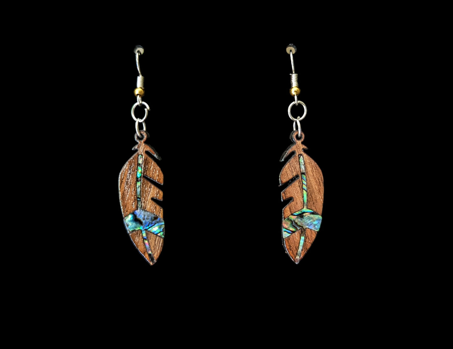 Walnut Wood Abalone Pāua Inlay Feather Earrings