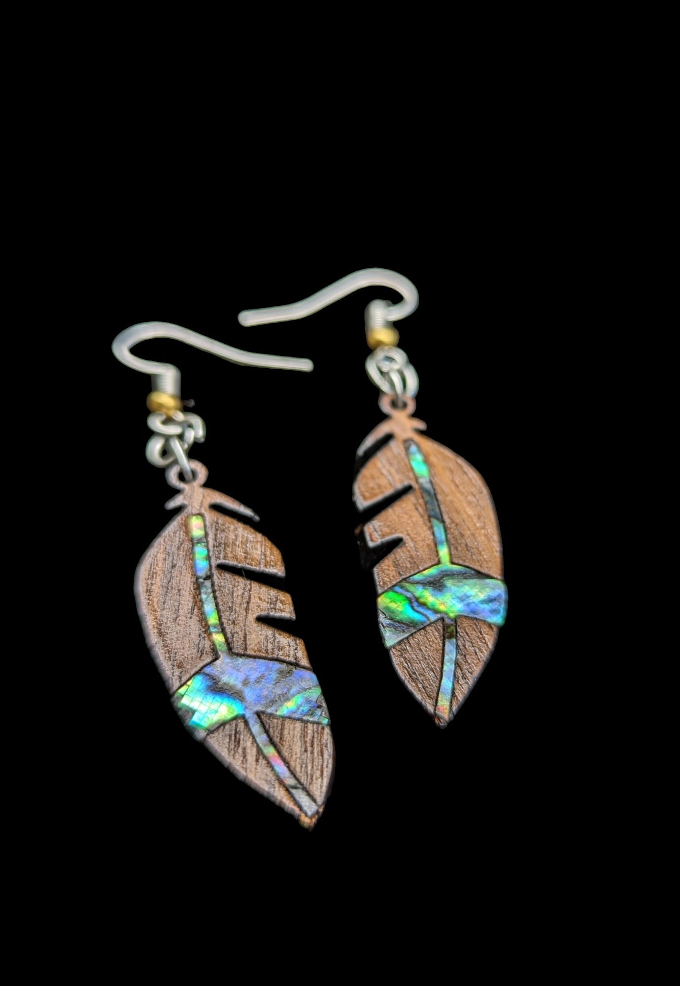 Walnut Wood Abalone Pāua Inlay Feather Earrings