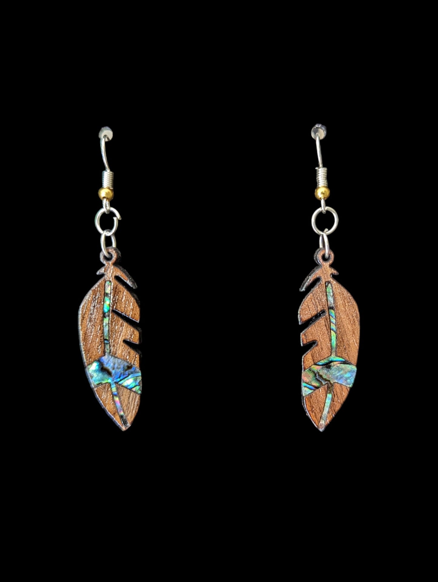 Walnut Wood Abalone Pāua Inlay Feather Earrings