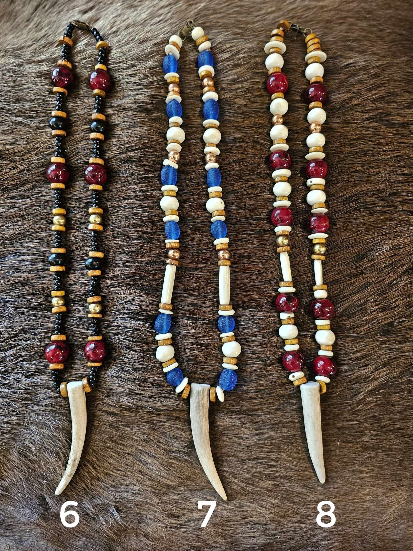 Elk Antler Pendants | Wood, Glass, Brass, Copper, Bison Bone & Horn, White Quartz Beads