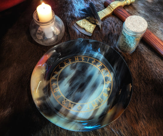 Elder Futhark Engraved Rune Horn Offering Plate | Norse Pagan Altar Plate | Wet or Dry Offerings