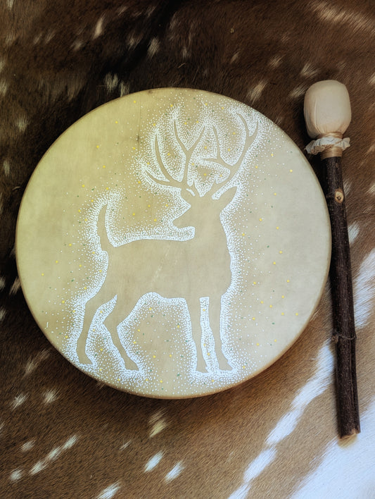 12 Inch Deer Hide Drum With Beater | Hand Painted | Deer Hide Drum