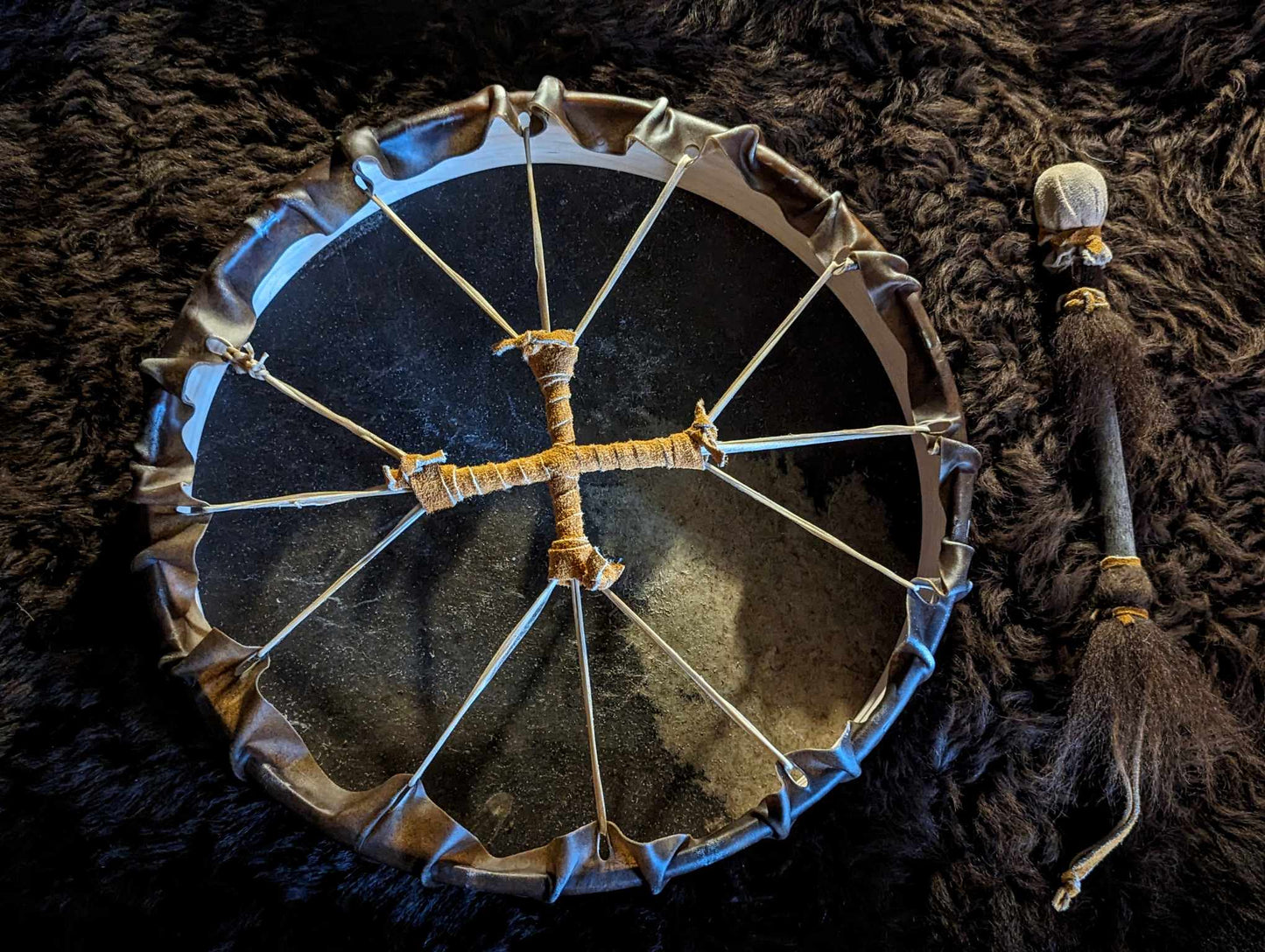 18" Bison Thick Hide Drum | Natural Buffalo Drum | Bison Hair Trimmed Beater