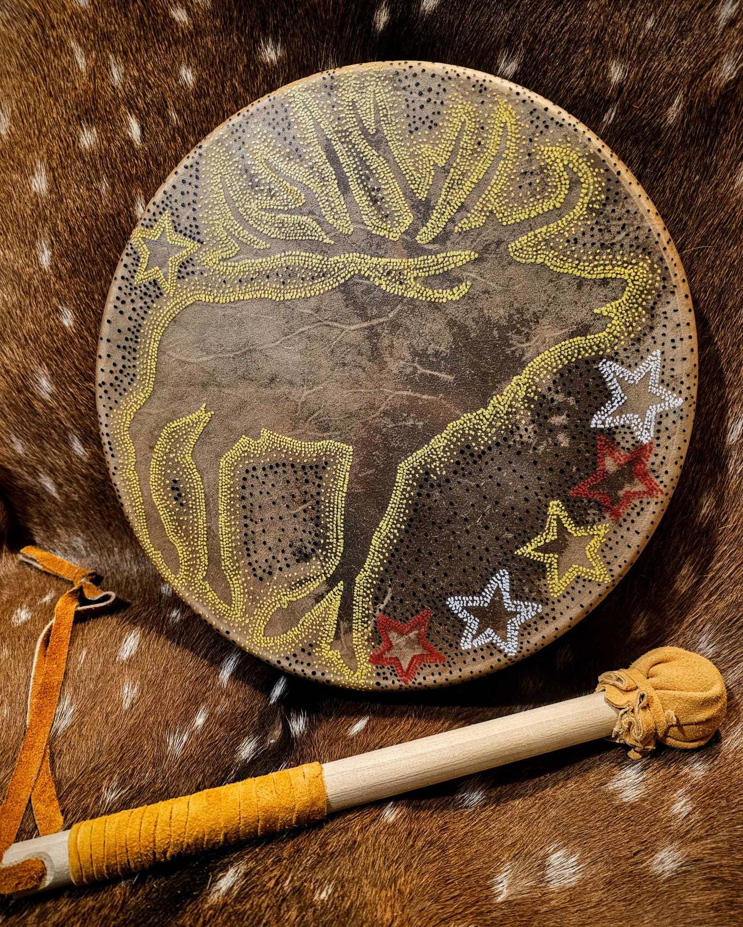 12" Yellow Elk Spirit Elk Hide Drum And Buckskin Beater