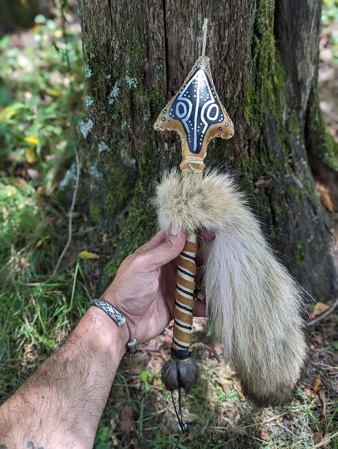 Bear Hide Coyote Tail Hand Painted Snake Shaman Rattle