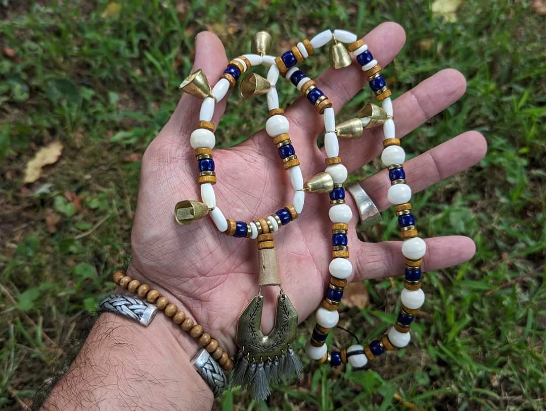 Warding Bell Bone, Brass, and Glass Bead Necklace