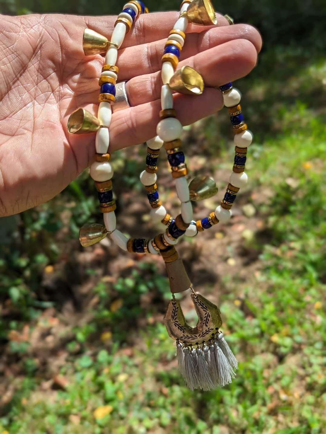 Warding Bell Bone, Brass, and Glass Bead Necklace