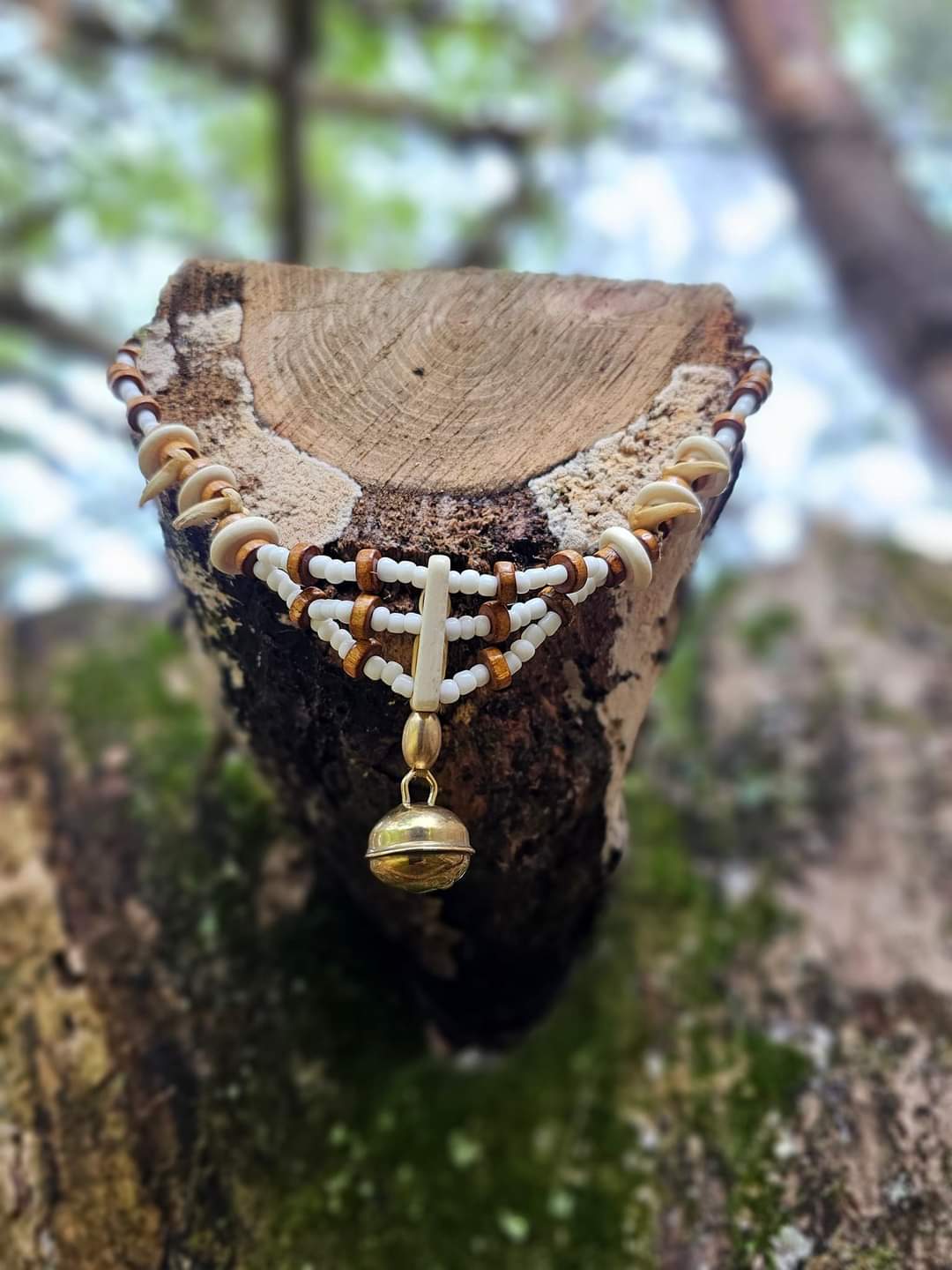 Bobcat Claw, Bone Bead, and Brass Hawk Bell Necklace