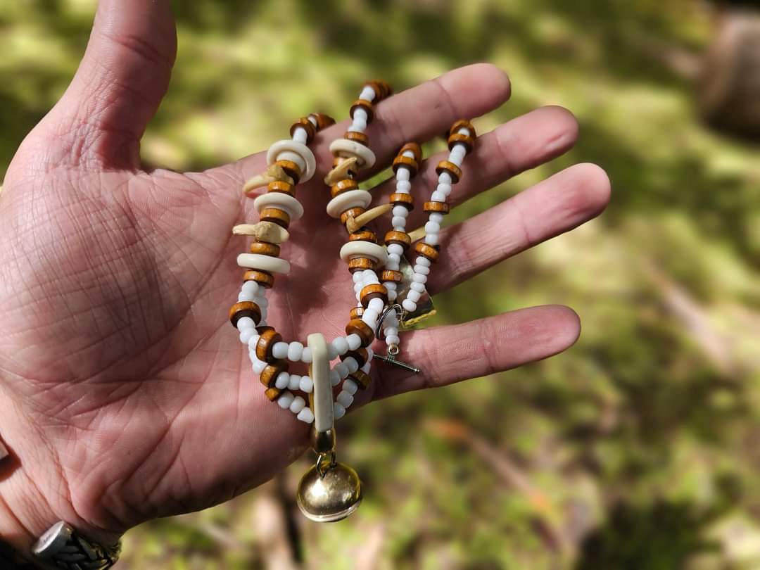 Bobcat Claw, Bone Bead, and Brass Hawk Bell Necklace