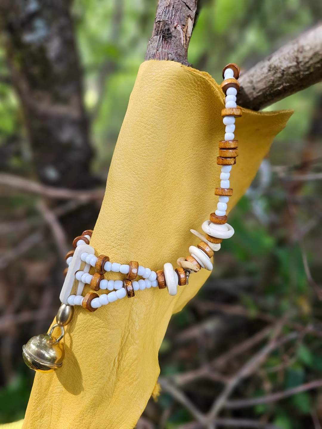 Bobcat Claw, Bone Bead, and Brass Hawk Bell Necklace