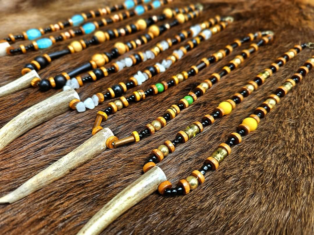 Elk Antler Pendants | Wood, Glass, Brass, Copper, Bison Bone & Horn, White Quartz Beads