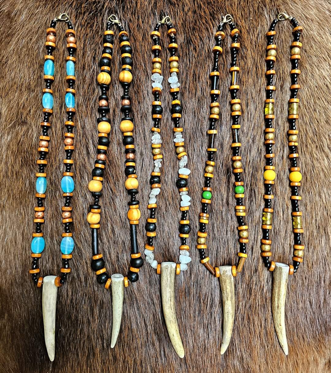 Elk Antler Pendants | Wood, Glass, Brass, Copper, Bison Bone & Horn, White Quartz Beads