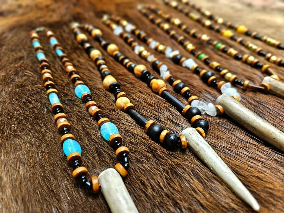 Elk Antler Pendants | Wood, Glass, Brass, Copper, Bison Bone & Horn, White Quartz Beads