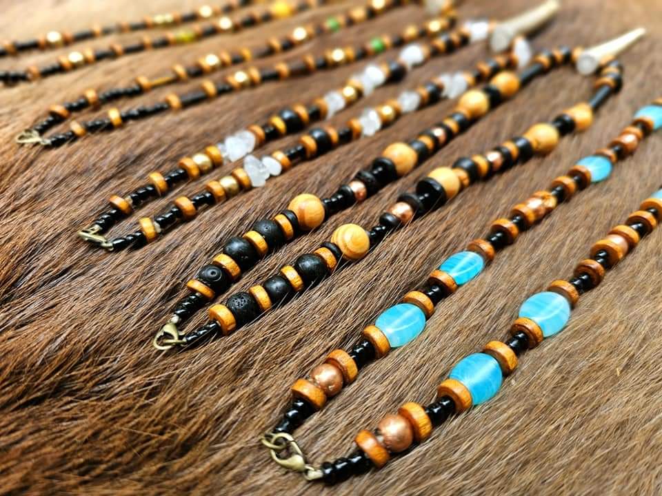 Elk Antler Pendants | Wood, Glass, Brass, Copper, Bison Bone & Horn, White Quartz Beads