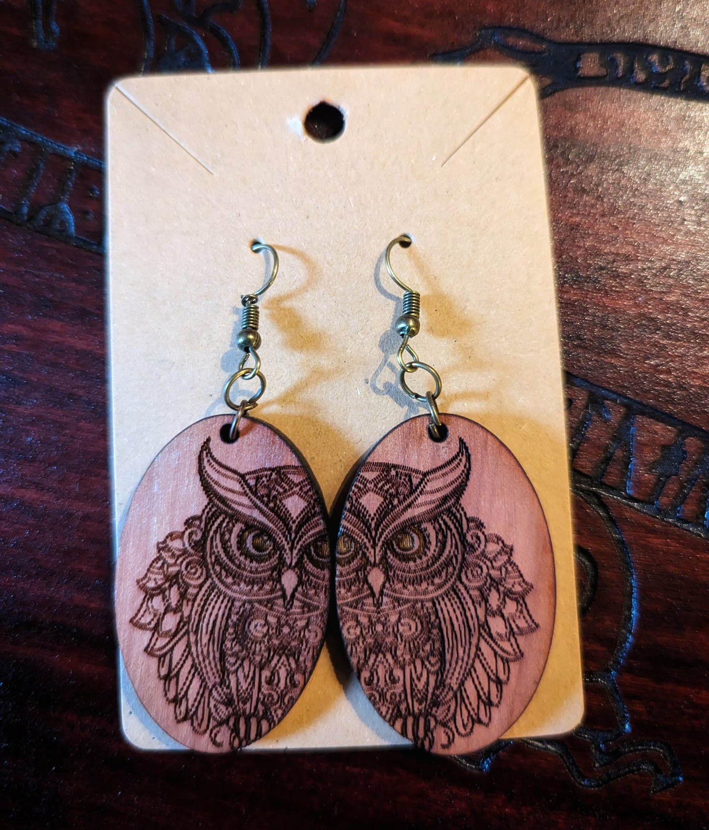 Cedarwood Engraved Owl Earrings
