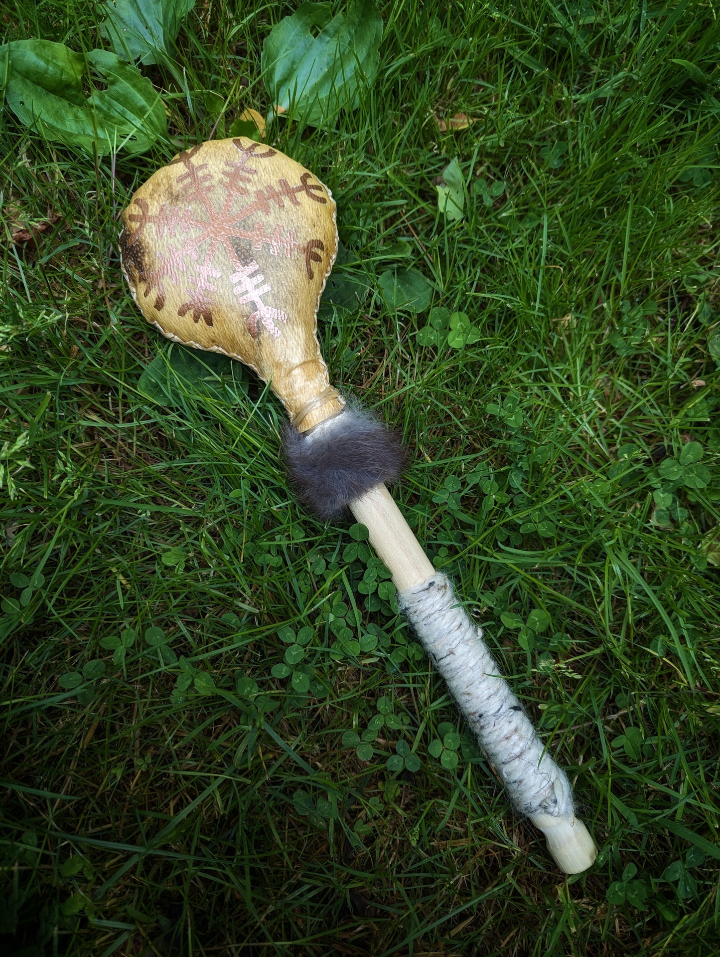 Bear Hide Shaman Rattle With Bronze Helm Of Awe