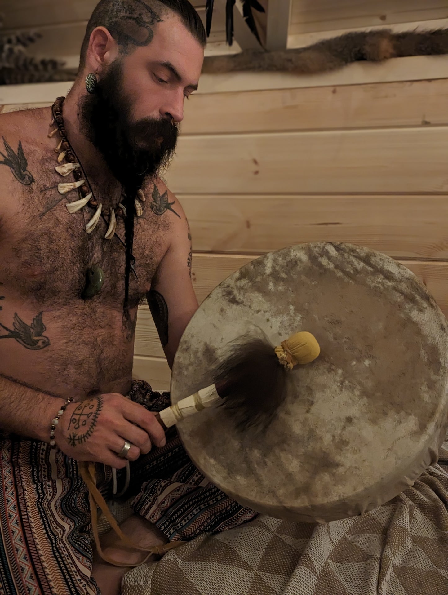 RESERVED - Natural Deep Tone Bear Skin Drum Rare 16" +  Alderwood Bear Fur & Leather Beater | Handmade Shaman Drum