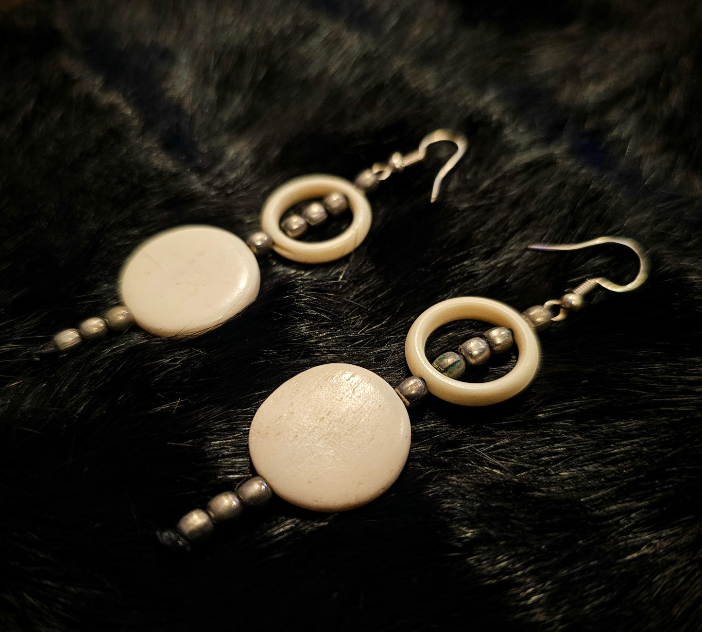 Metal Bead And Bone Disc Circle Earrings