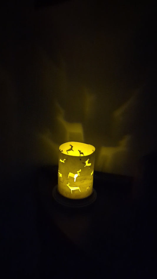 Reindeer Petroglyph Rawhide Lantern With Wood Base | Primitive Nordic Decor | Viking Camping Gift