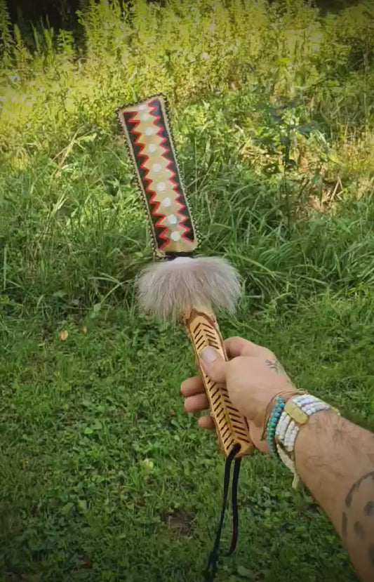 Hand Carved and Painted Wolf Fur Bear Hide Rattle