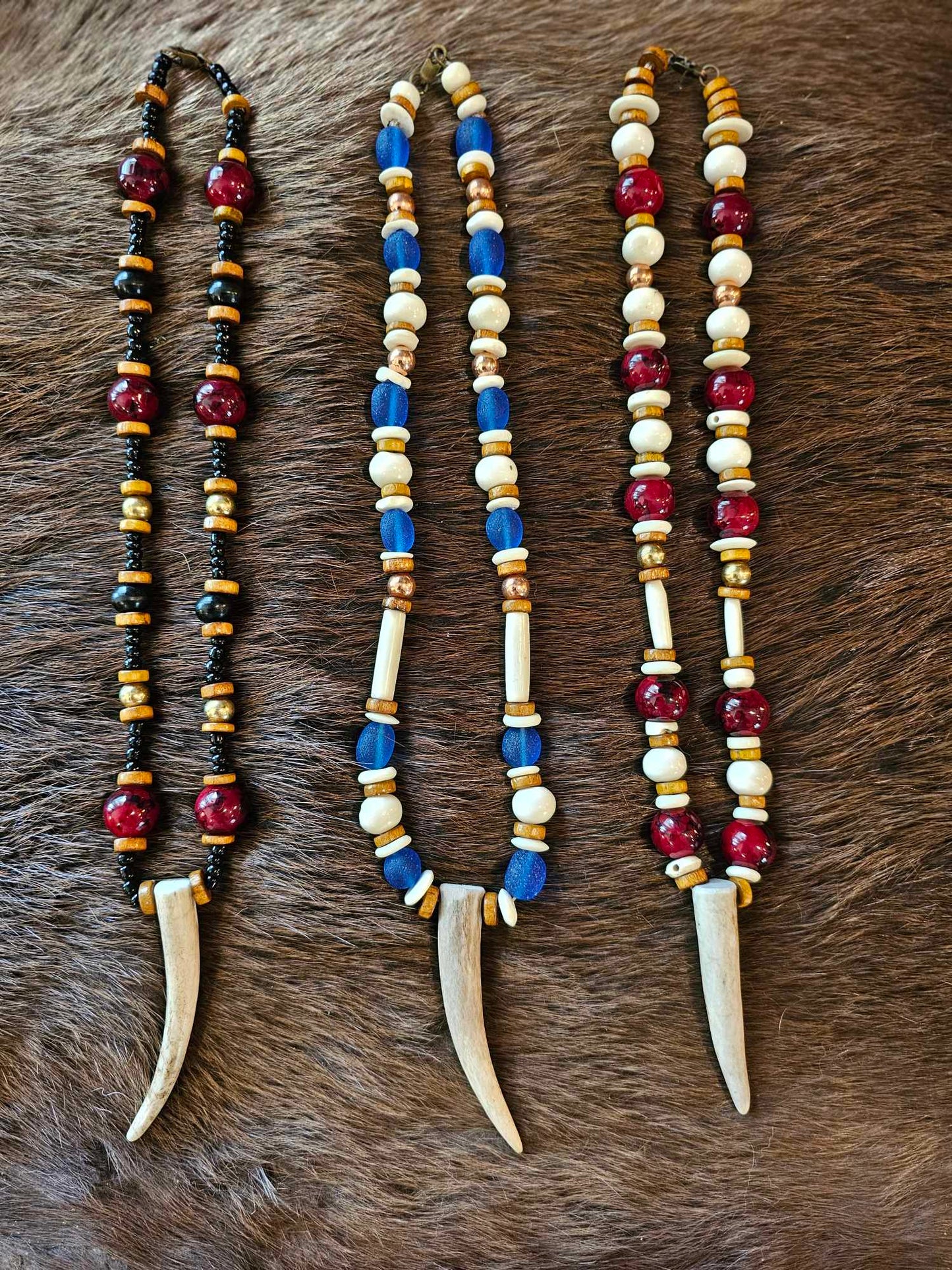 Elk Antler Pendants | Wood, Glass, Brass, Copper, Bison Bone & Horn, White Quartz Beads