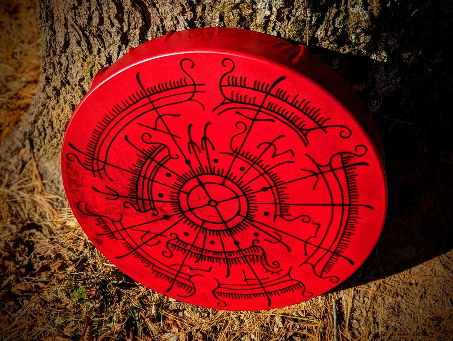 18 Inch Red Deer Hide Shaman Drum | Sailing Under The Blood Moon Hand Painted Viking Ship Art