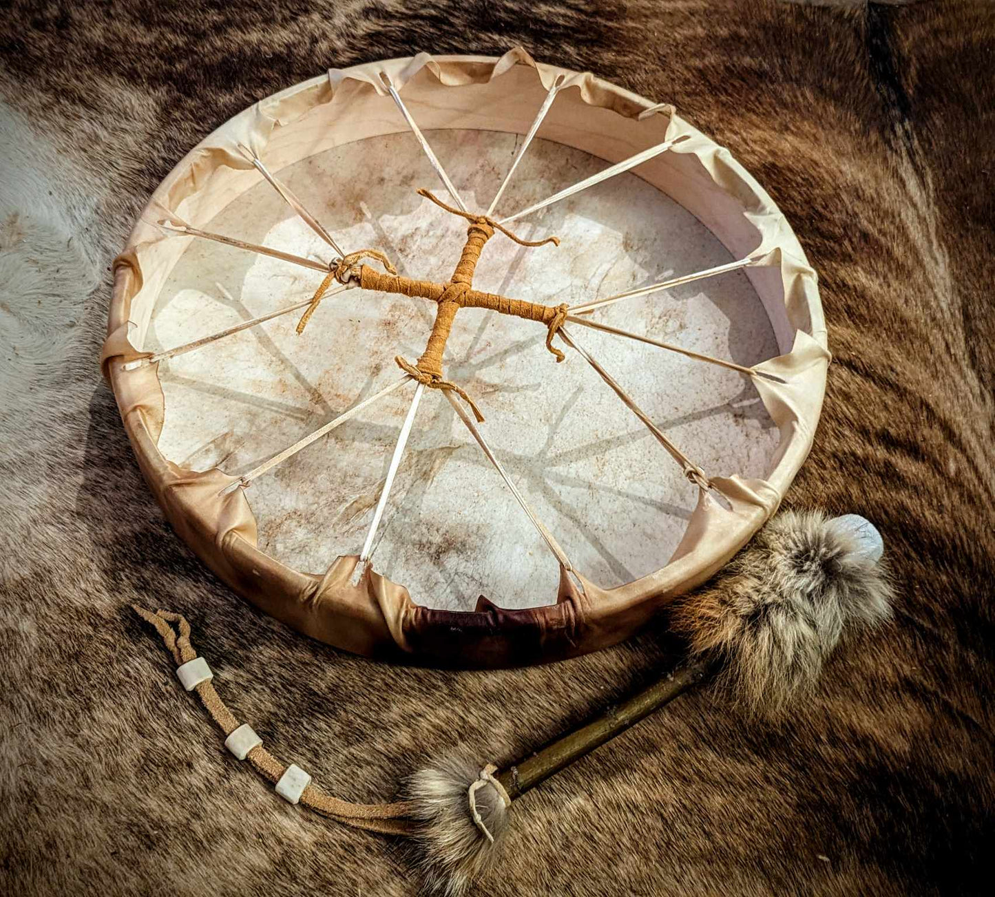 20 Inch Natural Deer Hide Drum With Coyote Fur and Deer Bone Beater