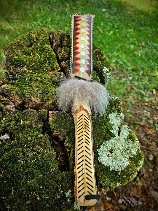 Hand Carved and Painted Coyote Fur Bear Hide Rattle