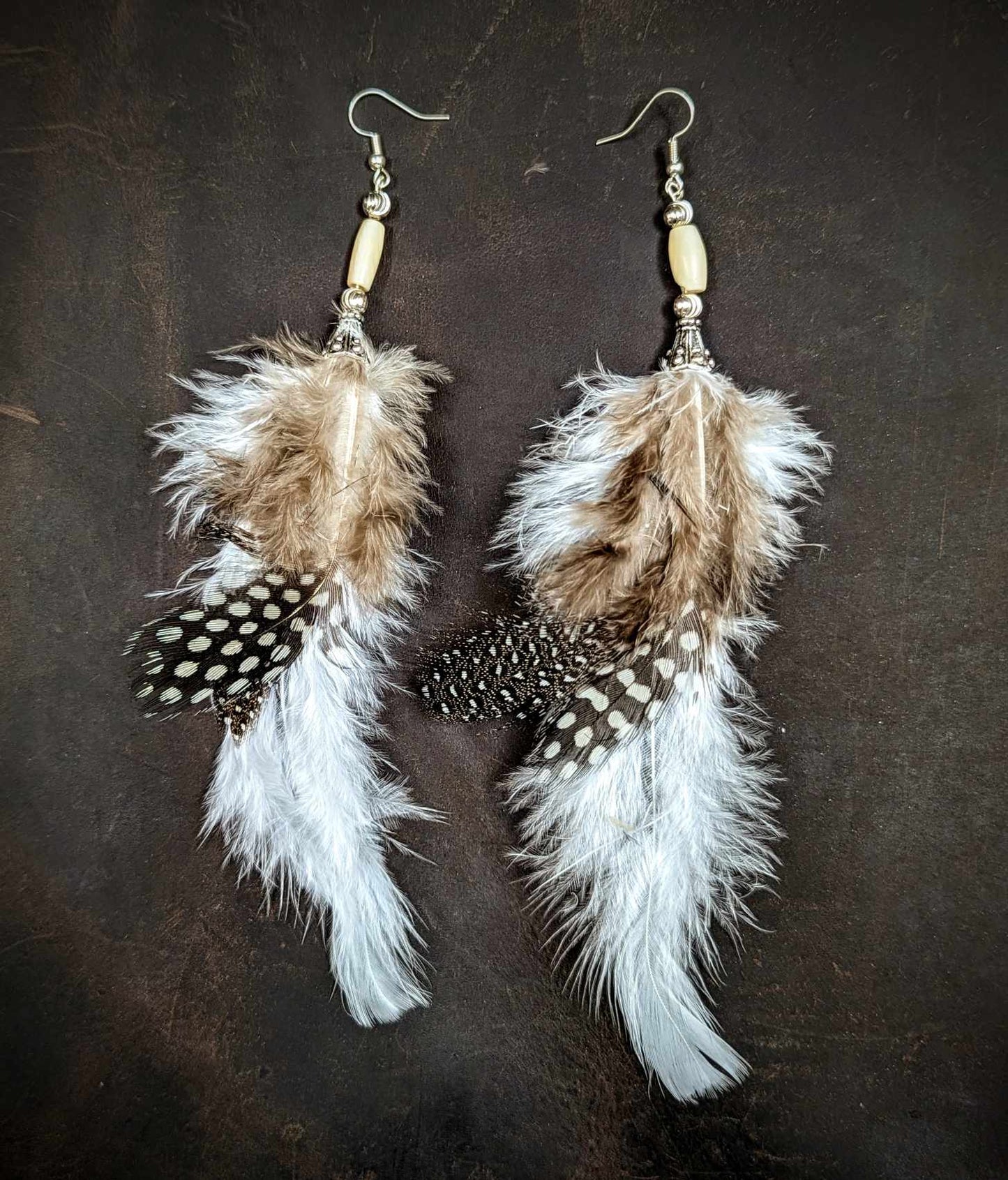 Guinea Feather Sterling Silver Lava And Bison Bone Bead Earrings