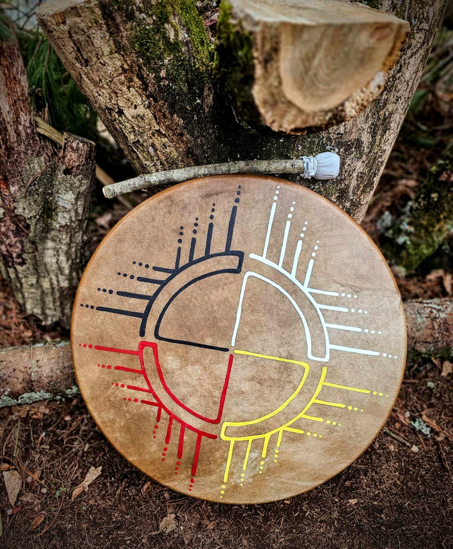 20" Bison Hide Drum With Beater | Hand Painted Four Directions Medicine Wheel Art