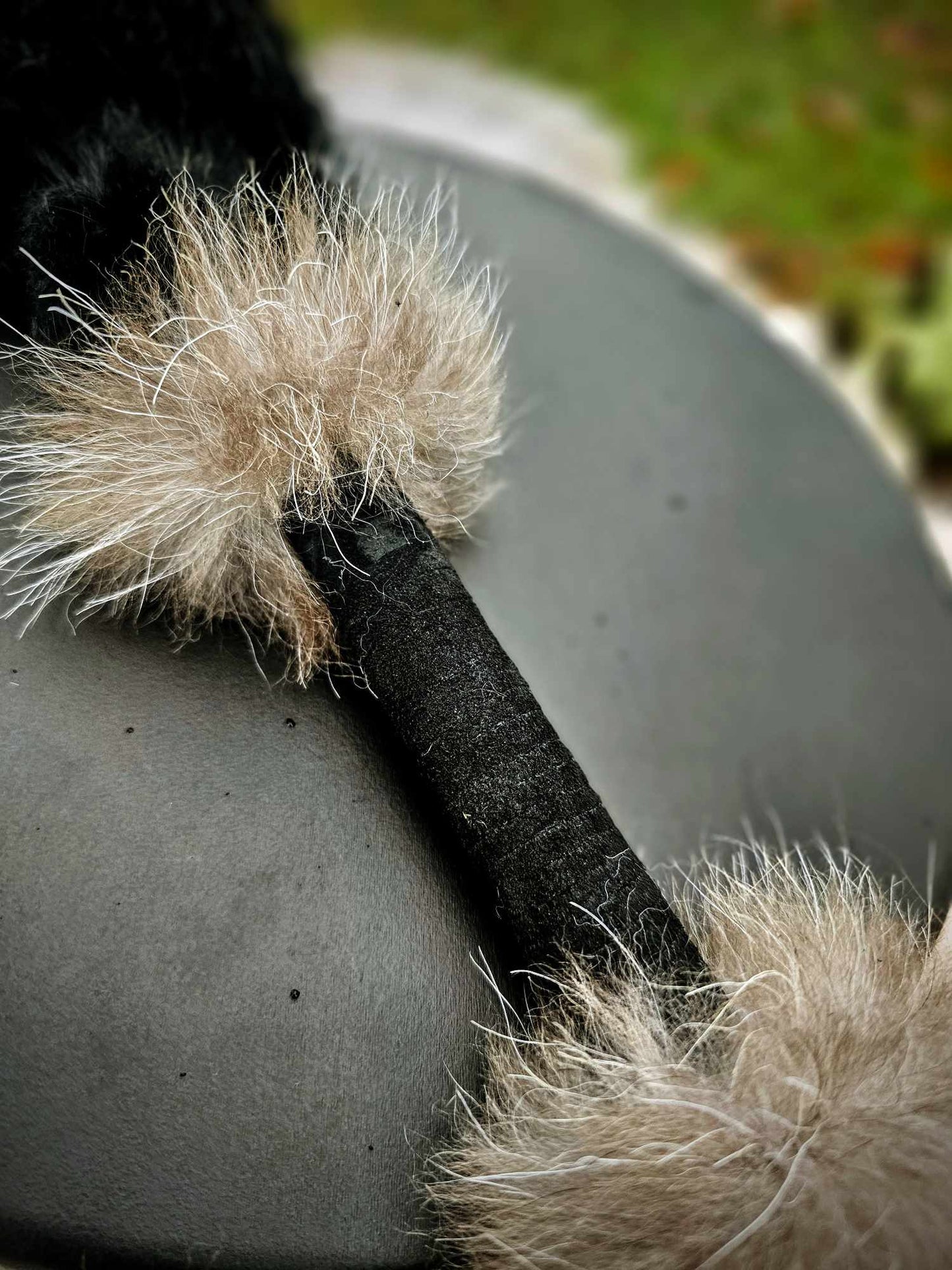 Black Deer Hide Drum & Beater With Wolf Fur Trim & Rabbit Fur Head