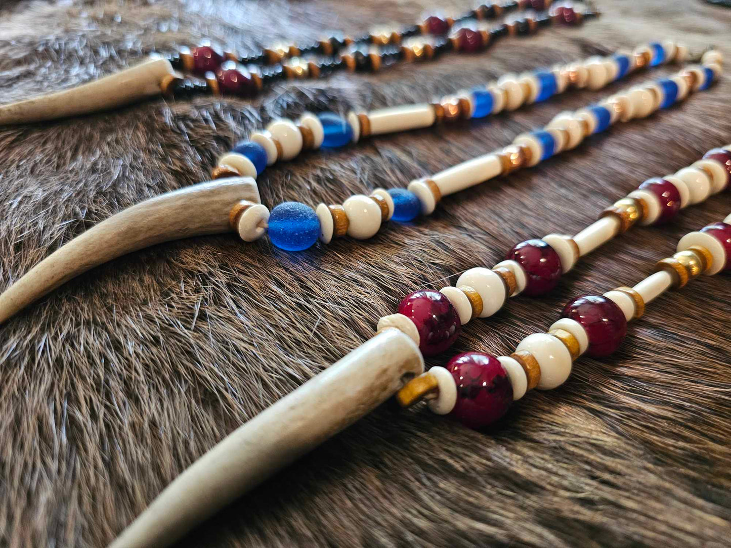 Elk Antler Pendants | Wood, Glass, Brass, Copper, Bison Bone & Horn, White Quartz Beads