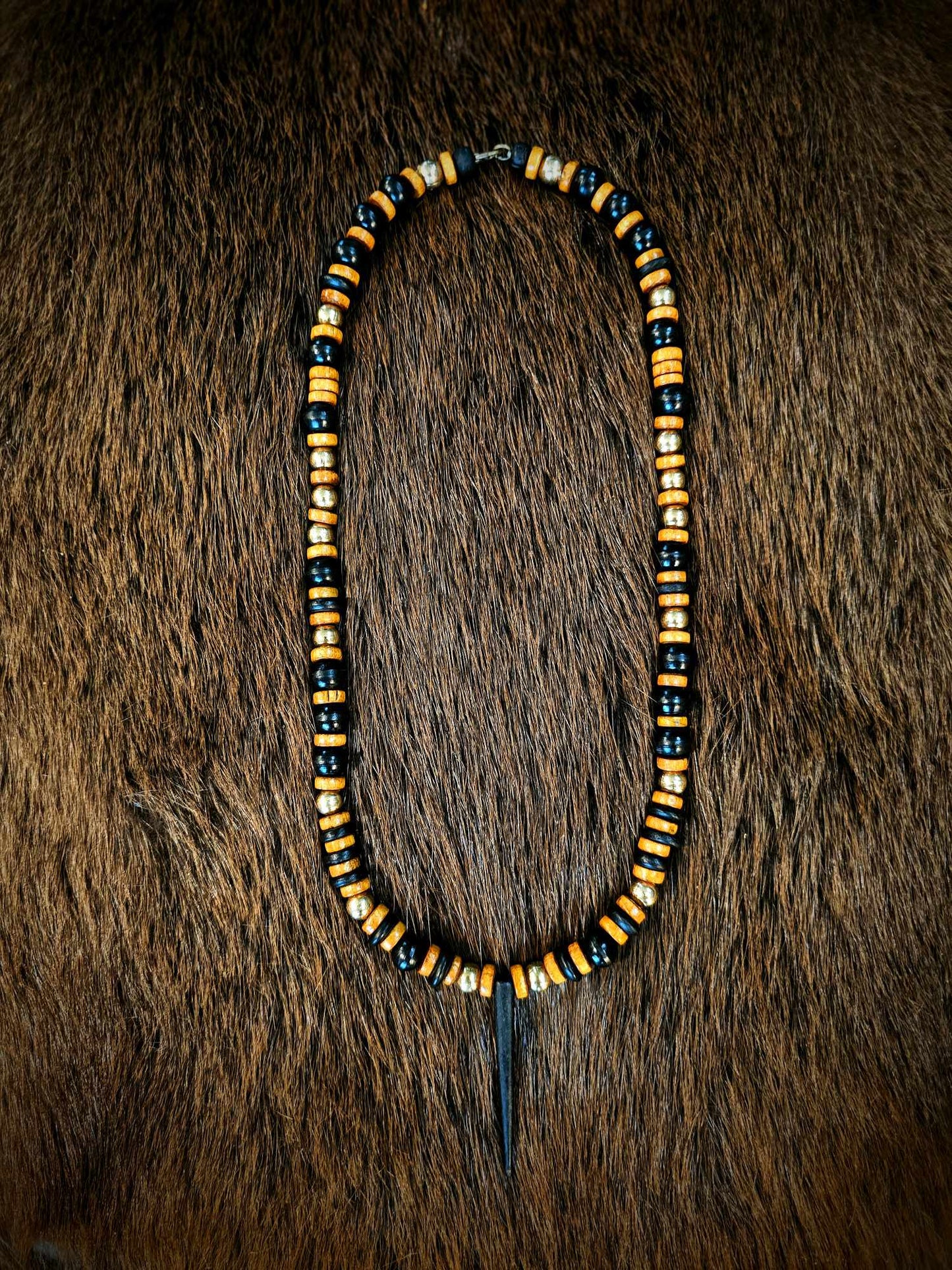 Buffalo Horn Spike Necklace With Brass And Wood Beads