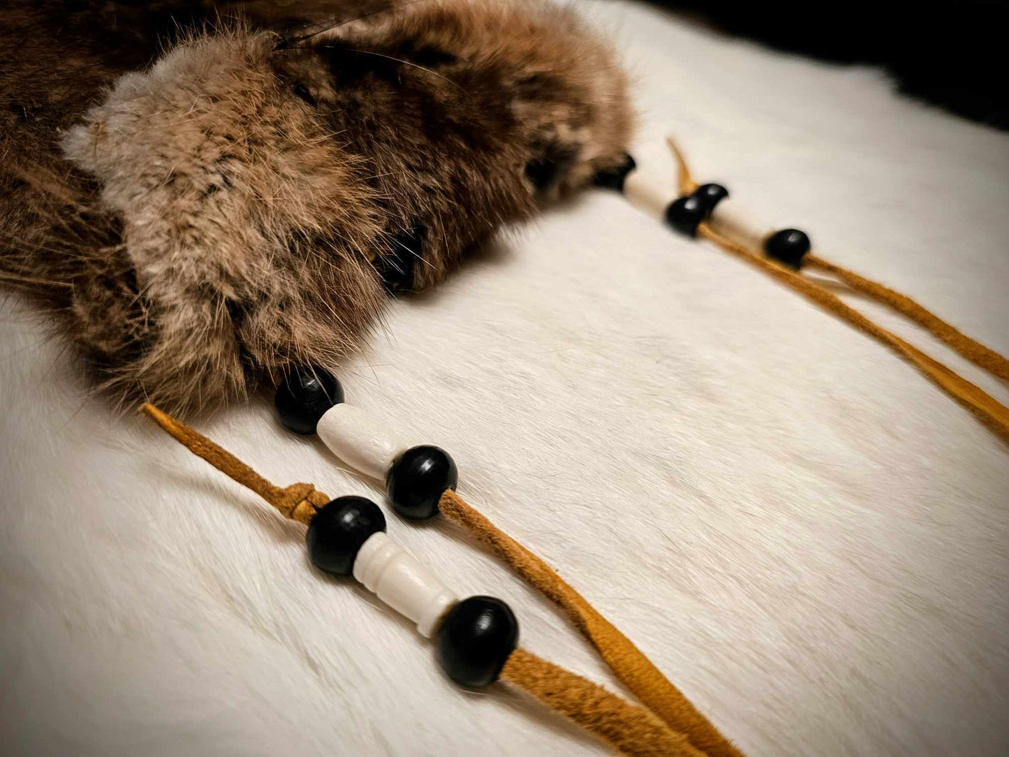 Muskrat Hide Pouch With Buckskin Ties & Buffalo Bone and Horn Beads