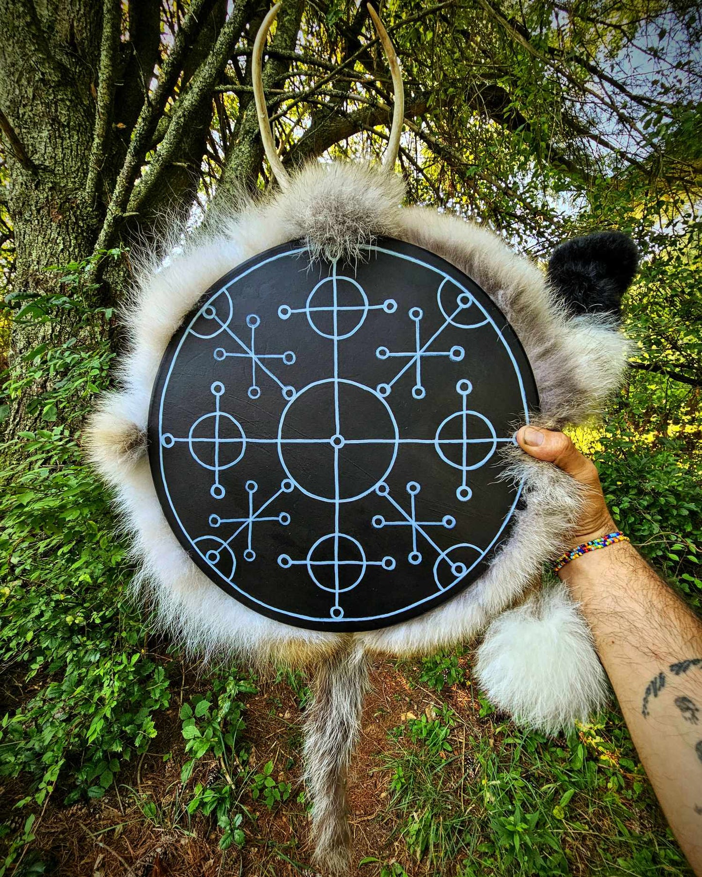 "Sun of All Seasons" Black Deer Hide Drum With Antler, Skull, Coyote and Wolf