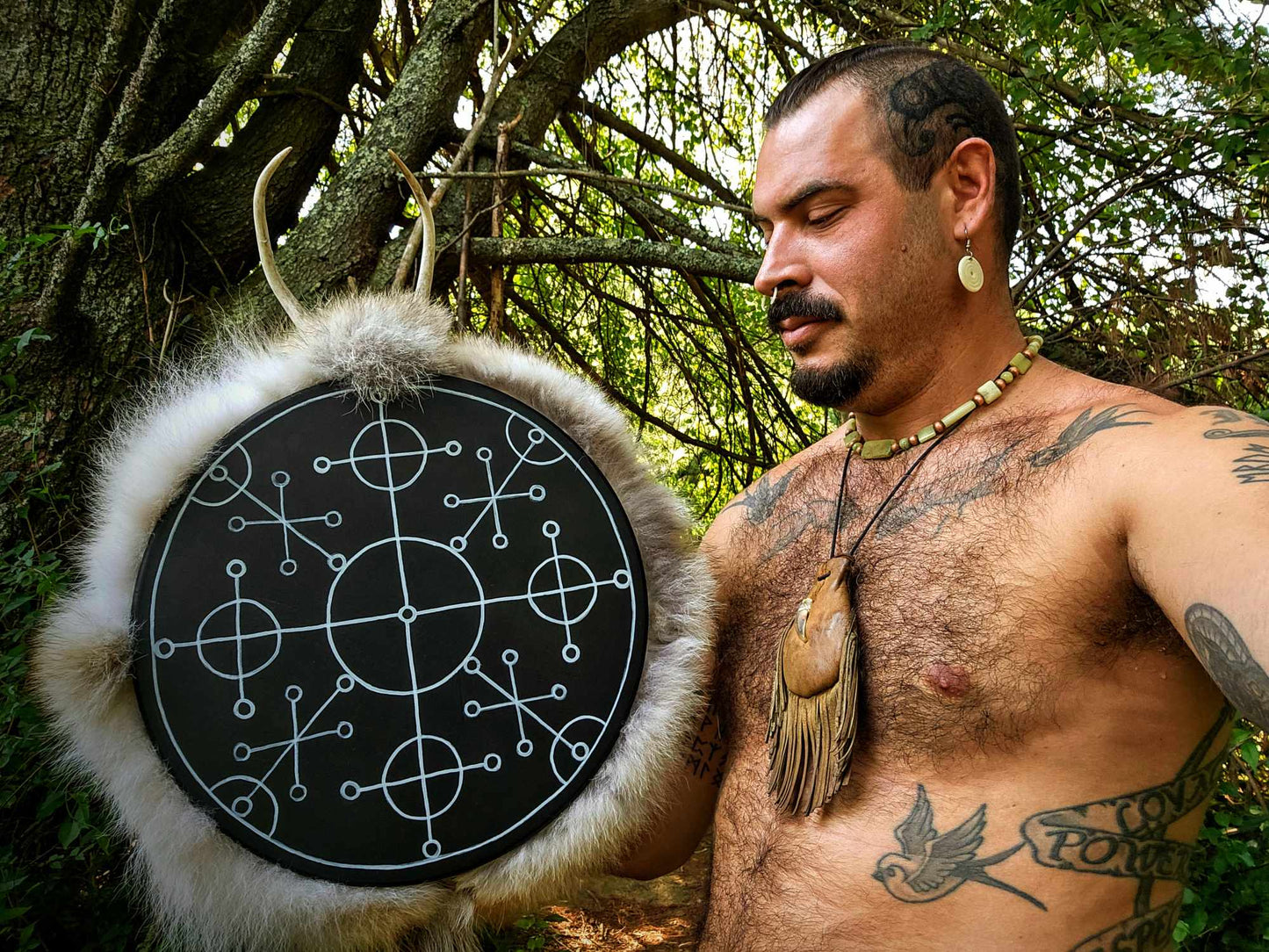 "Sun of All Seasons" Black Deer Hide Drum With Antler, Skull, Coyote and Wolf