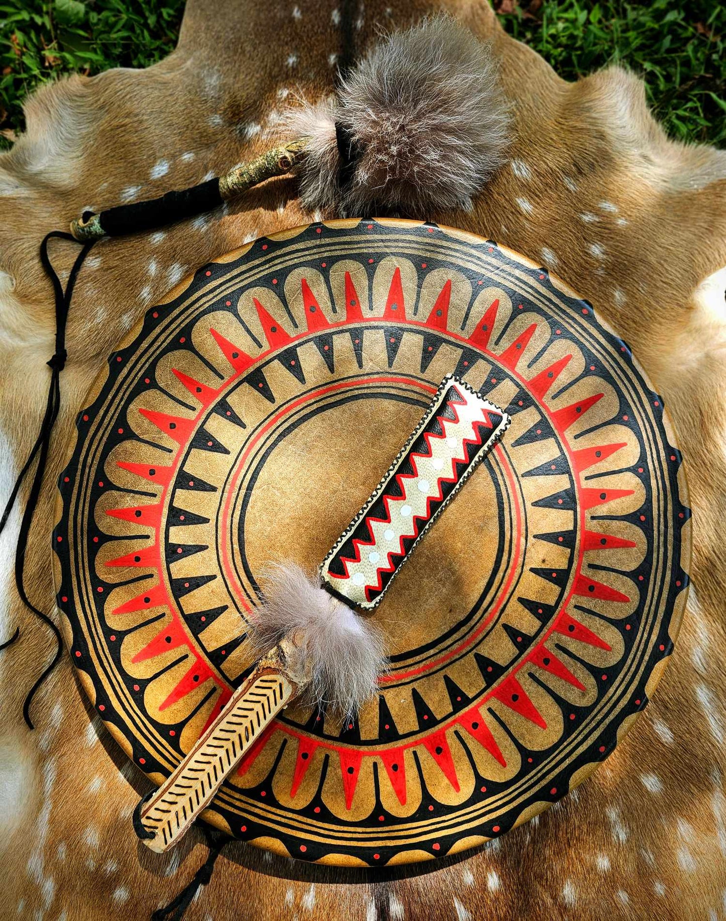 20" Hand Painted Horse Hide Drum + Coyote Rattle & Wolf Drum Beater