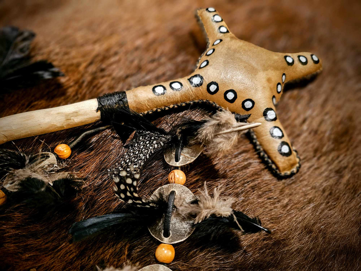 'Four Winds' Elk Skin Medicine Rattle With Spotted Guinea Feathers