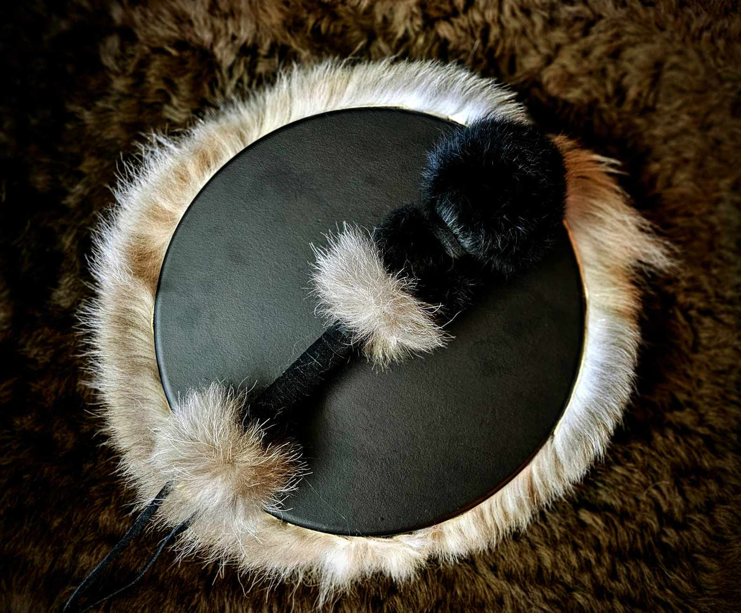 Black Deer Hide Drum & Beater With Wolf Fur Trim & Rabbit Fur Head