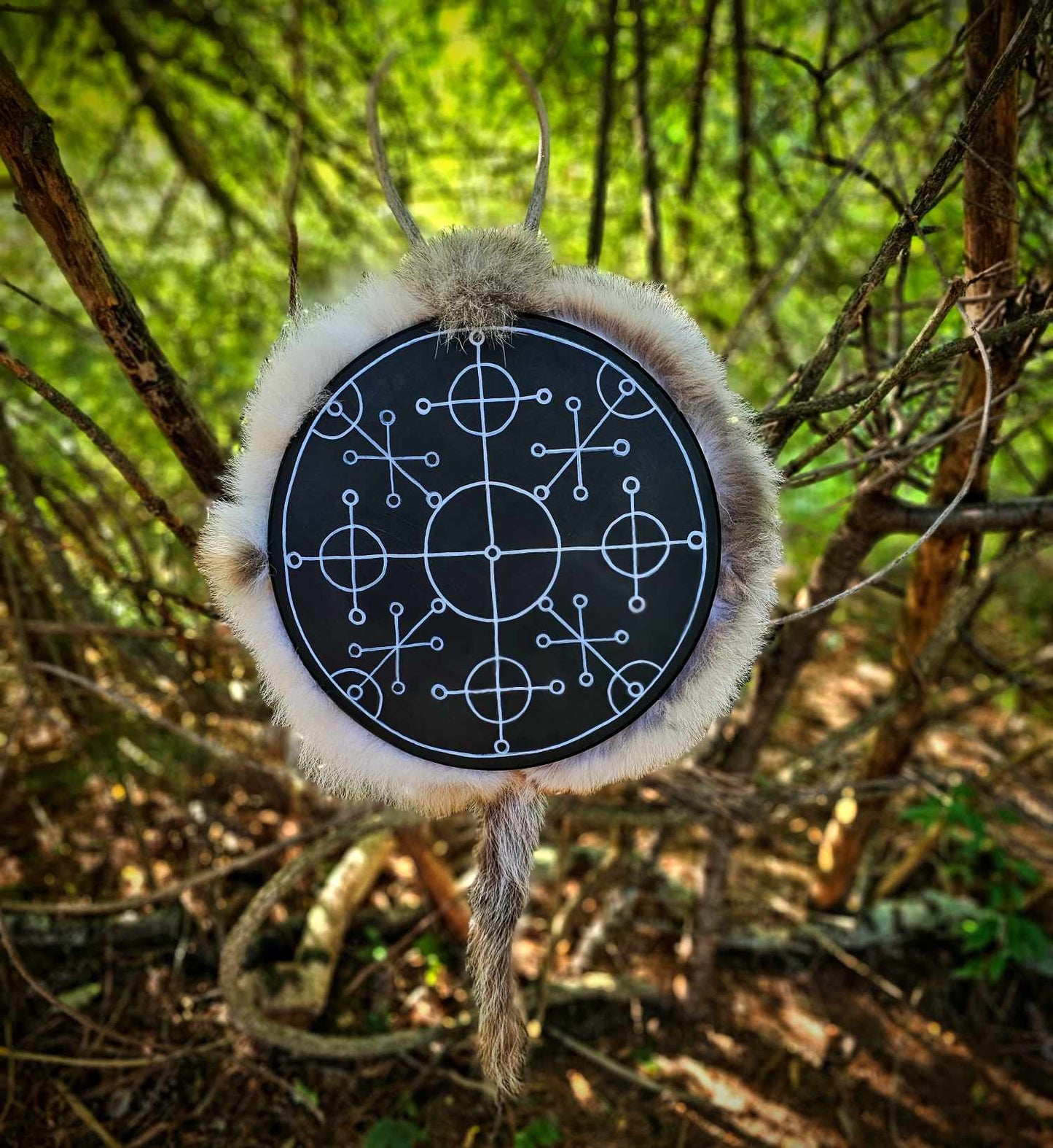 "Sun of All Seasons" Black Deer Hide Drum With Antler, Skull, Coyote and Wolf