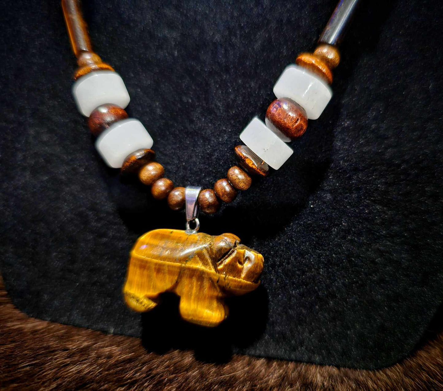 Agate Bear Pendant On Wood, Tiger's Eye, White Jade Beaded Necklace.