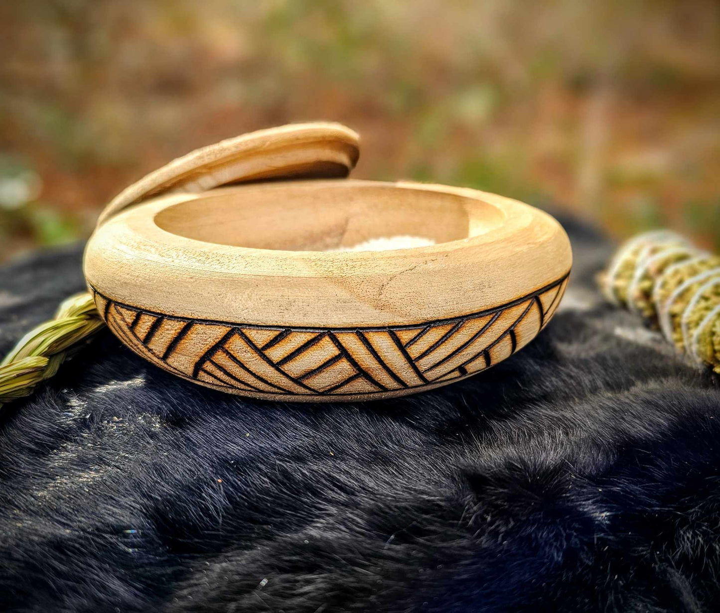 Hand Burned Woven Band Bowl With Lid